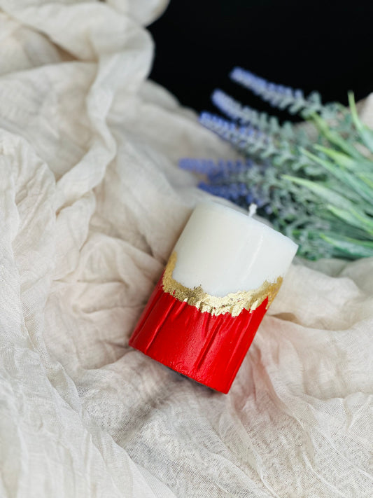 Soy wax candle on concrete bright red base made in UK