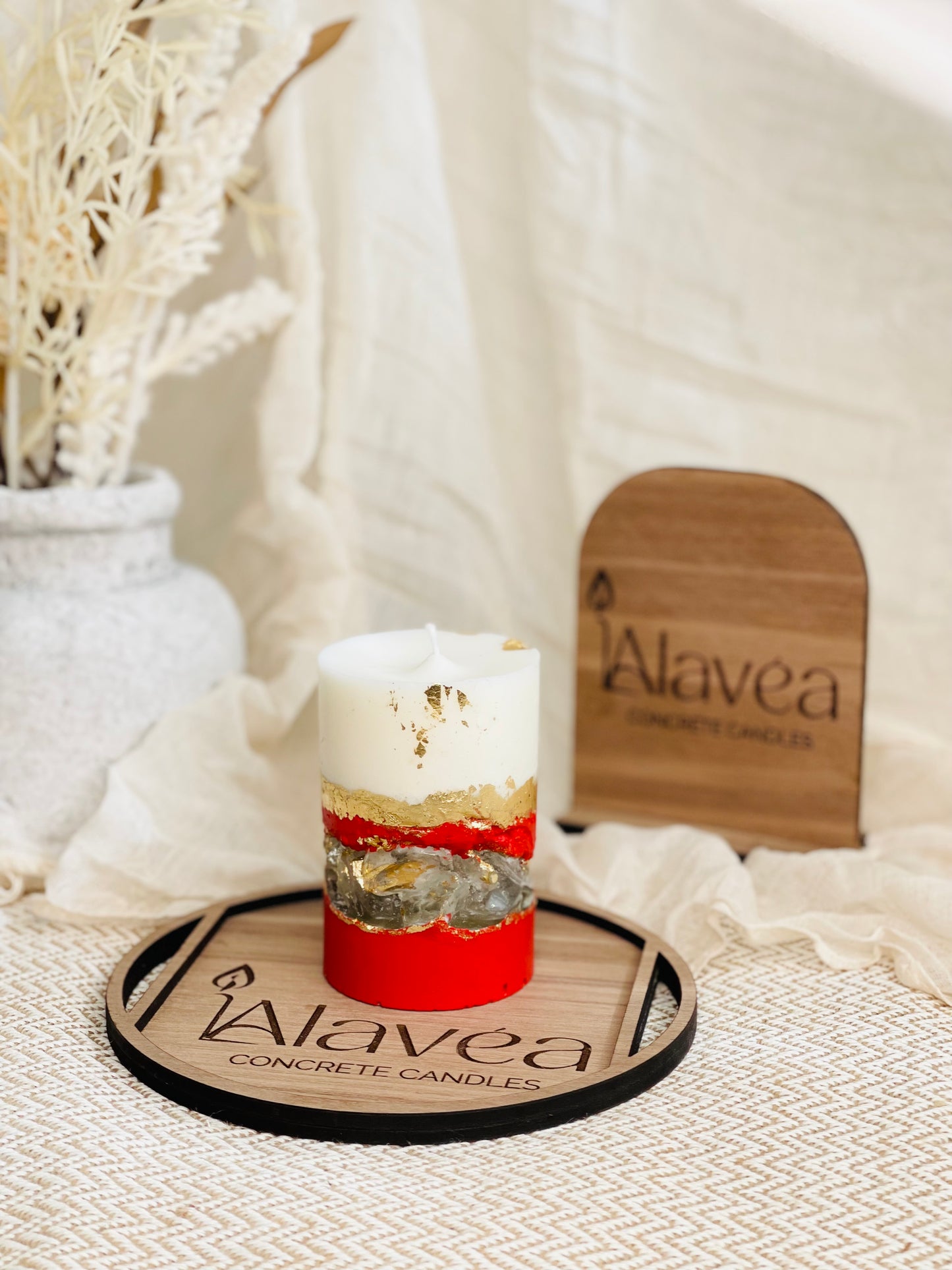 Hand-poured eco-friendly soy candle in red and gold geode design made in UK