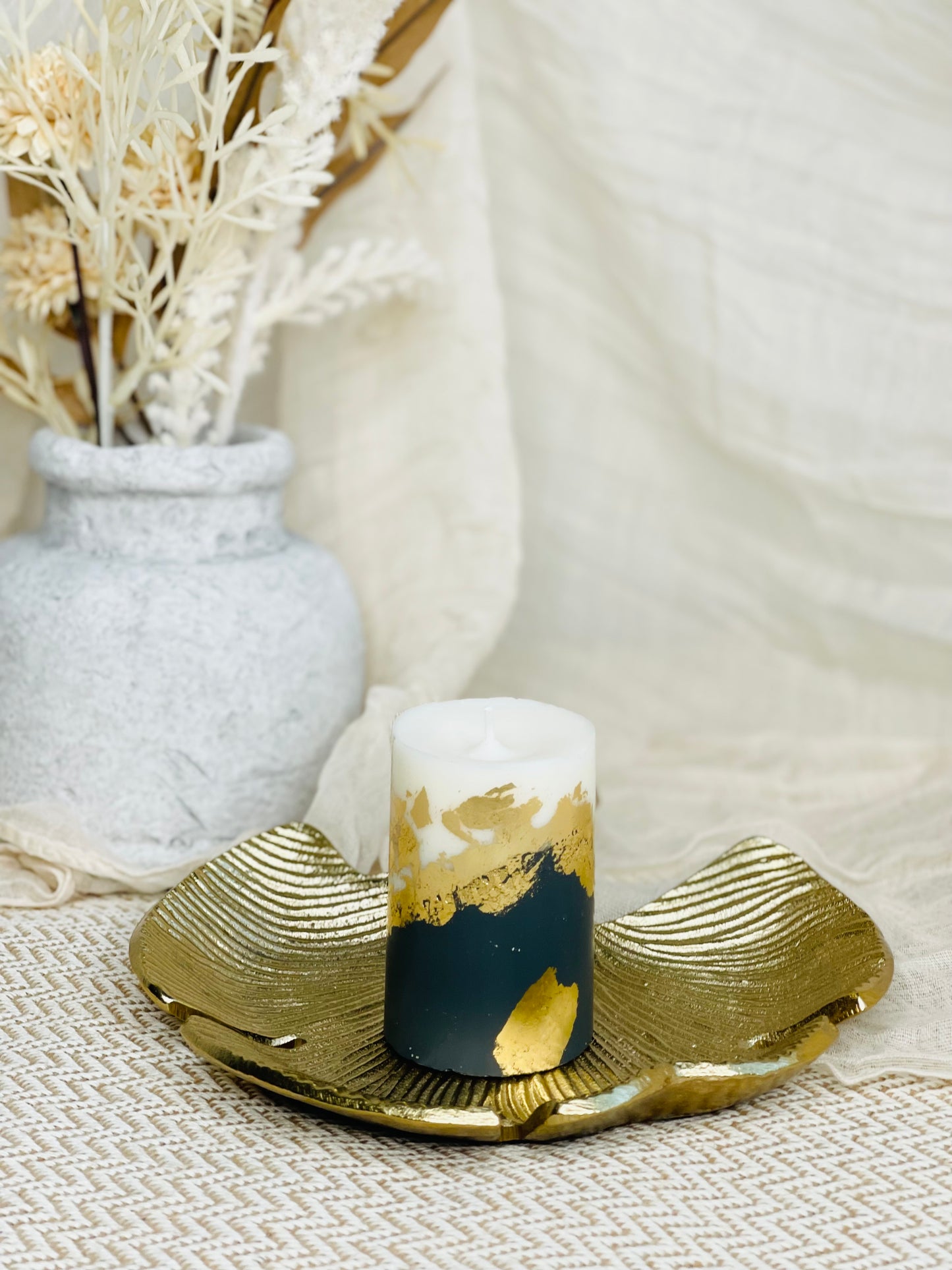 Luxury soy wax pillar candle with handcrafted concrete base – modern home décor made in UK