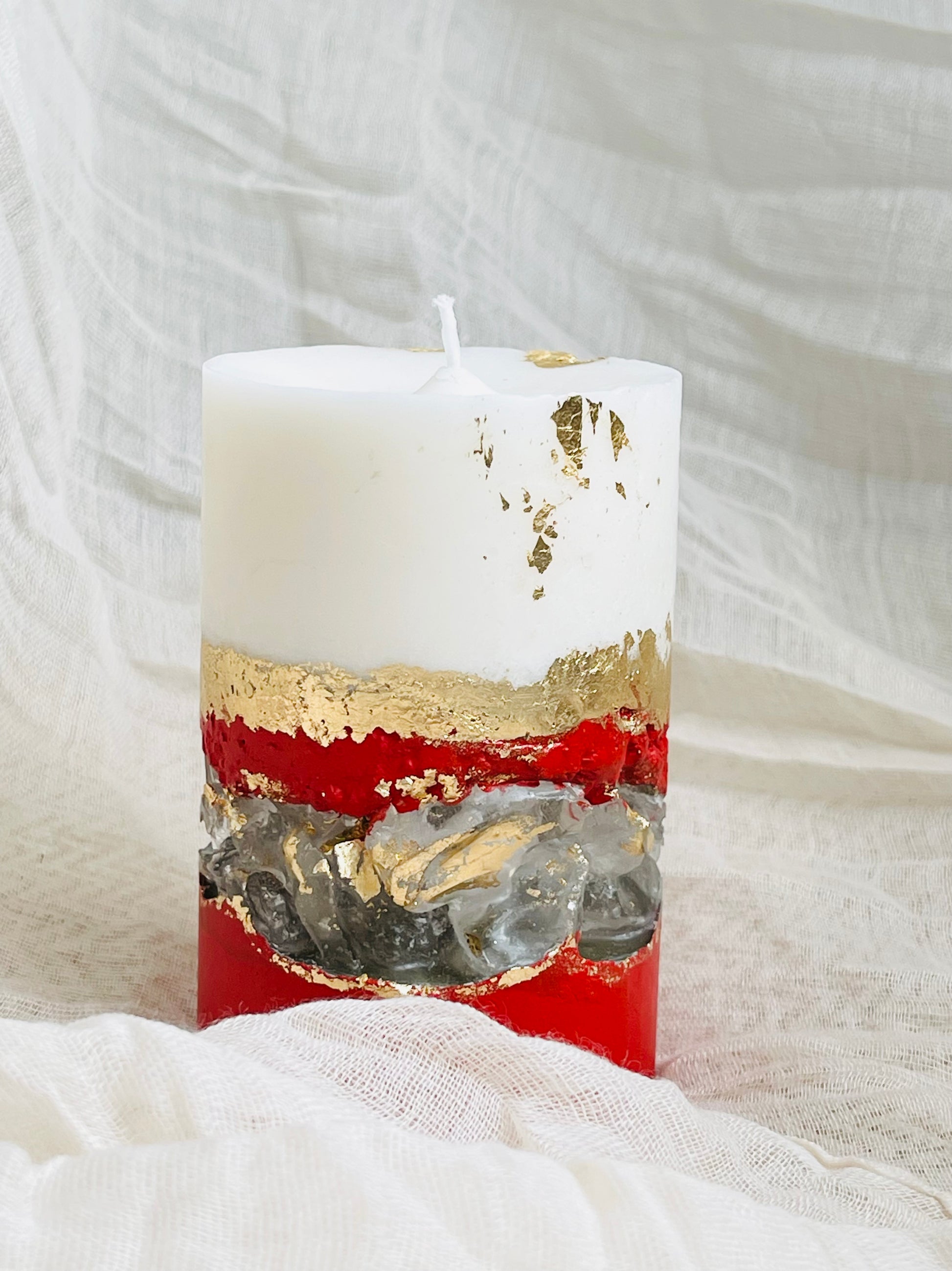 Red geode candle in decorative concrete base – luxury home décormade in UK