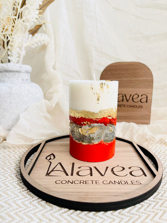 Luxury red and gold geode soy wax candle with handcrafted concrete base